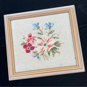 Floral Needlepoint Embroidered Framed Wall Art Vintage Cottage Flowers Handmade